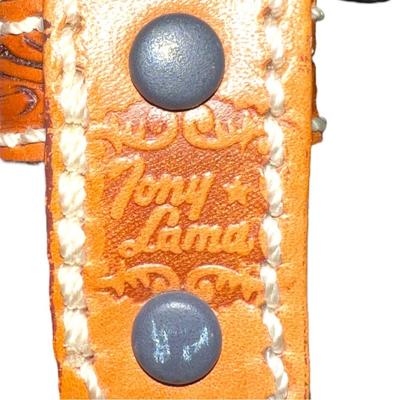 Tony Lama tan leather tooled belt with silver etched design buckle! New!!! main image 4